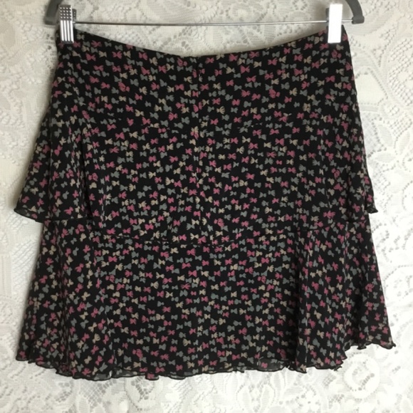 Trina Turk 93% Silk Mini Skirt Tiered Ruffle Black Colorful Abstract Bow Print 6 - Picture 3 of 5